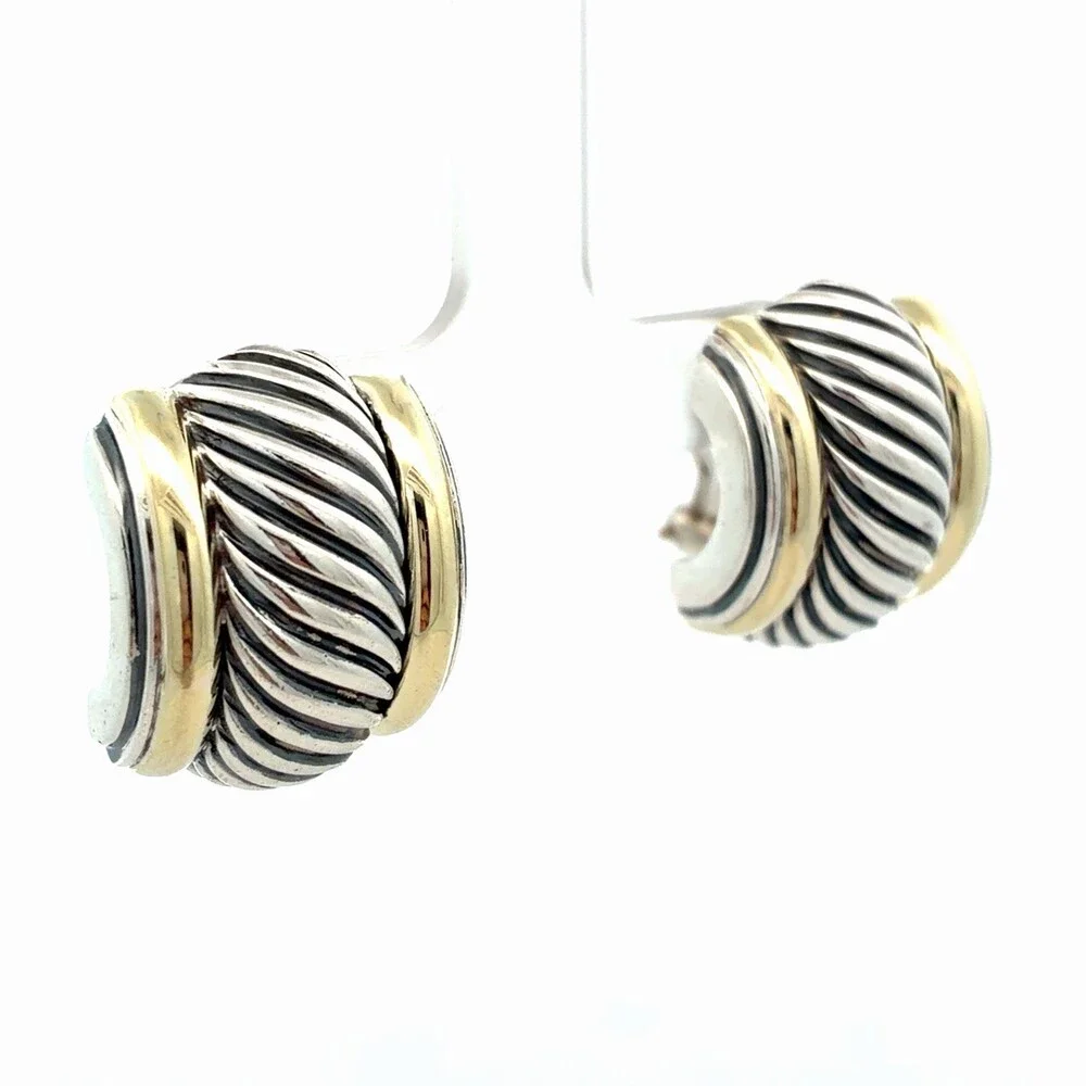 David Yurman 925 Sterling Silver 14K Gold Thoroughbred Collection Omega Earrings